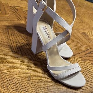 Cream Crisscross Block Heel Sandals with Ankle Buckle